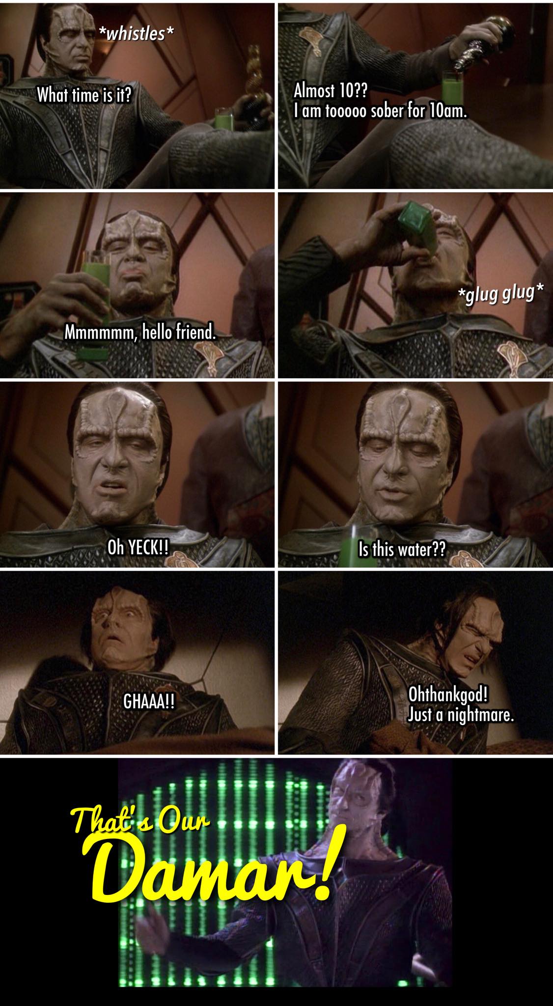This meme is a humorous image of the character Worf from the TV show Star Trek: The Next Generation, who is known for his stoic and serious demeanor. The meme shows Worf suddenly and unexpectedly breaking into a goofy, enthusiastic, and playful "Daaaah!" in response to a question about the time of day. The text "In 2-3 sentences, describe this meme for someone who cannot see it. In the TV show Star Trek: The Next Generation, Worf is known for his serious and stoic demeanor. The meme shows Worf breaking into a goofy, enthusiastic, and playful 'Daaaah!' in response to a question about the time of day." appears in the image.
